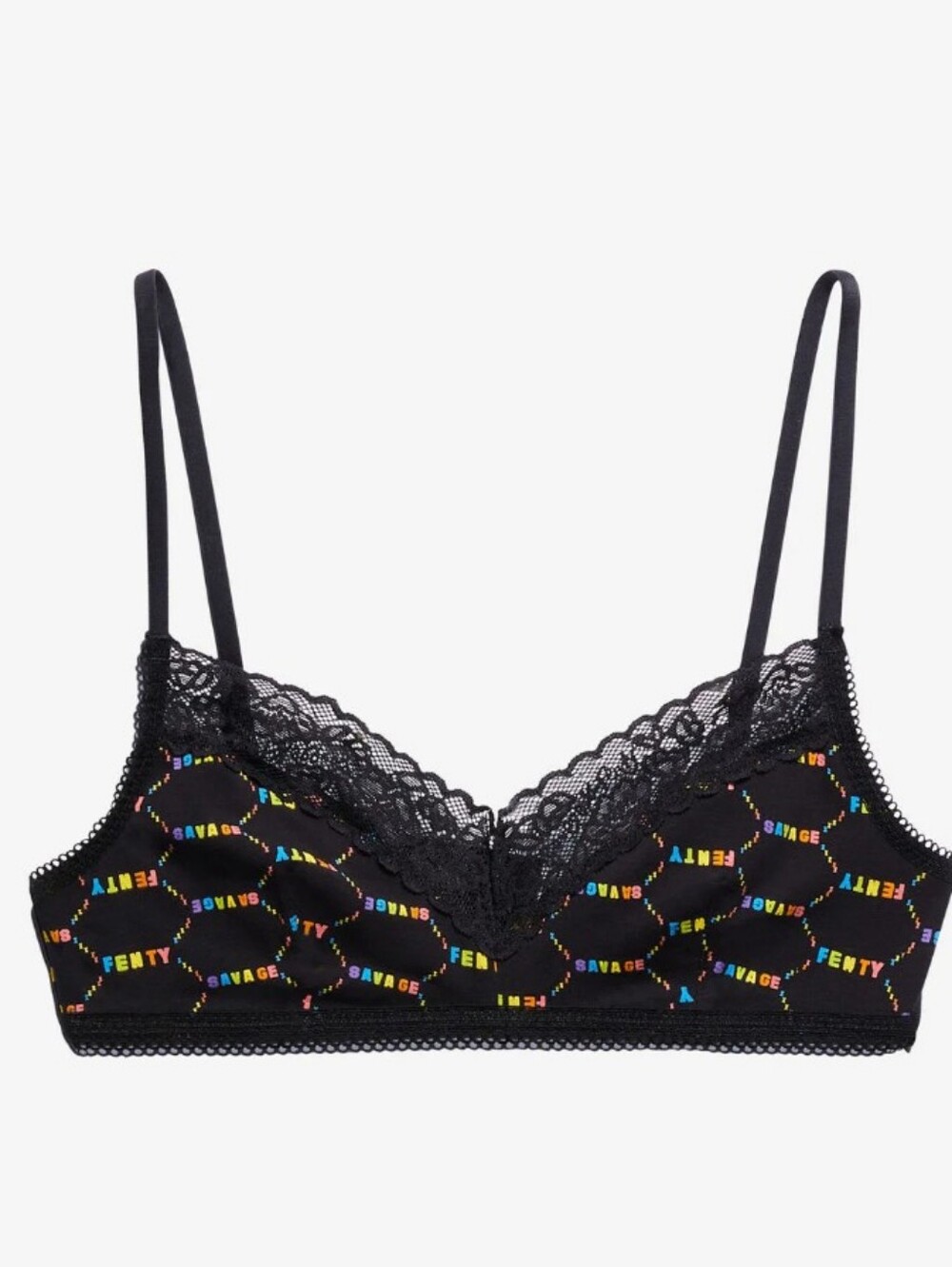 Fenty Beauty Black Lace-Trim Bralette Rainbow Logo Size M Everyday Essentials